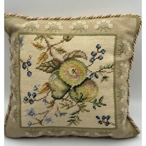Vintage Tracy Porter Needlepoint Wool Throw Pillow Fruit Berries Green 12" Read